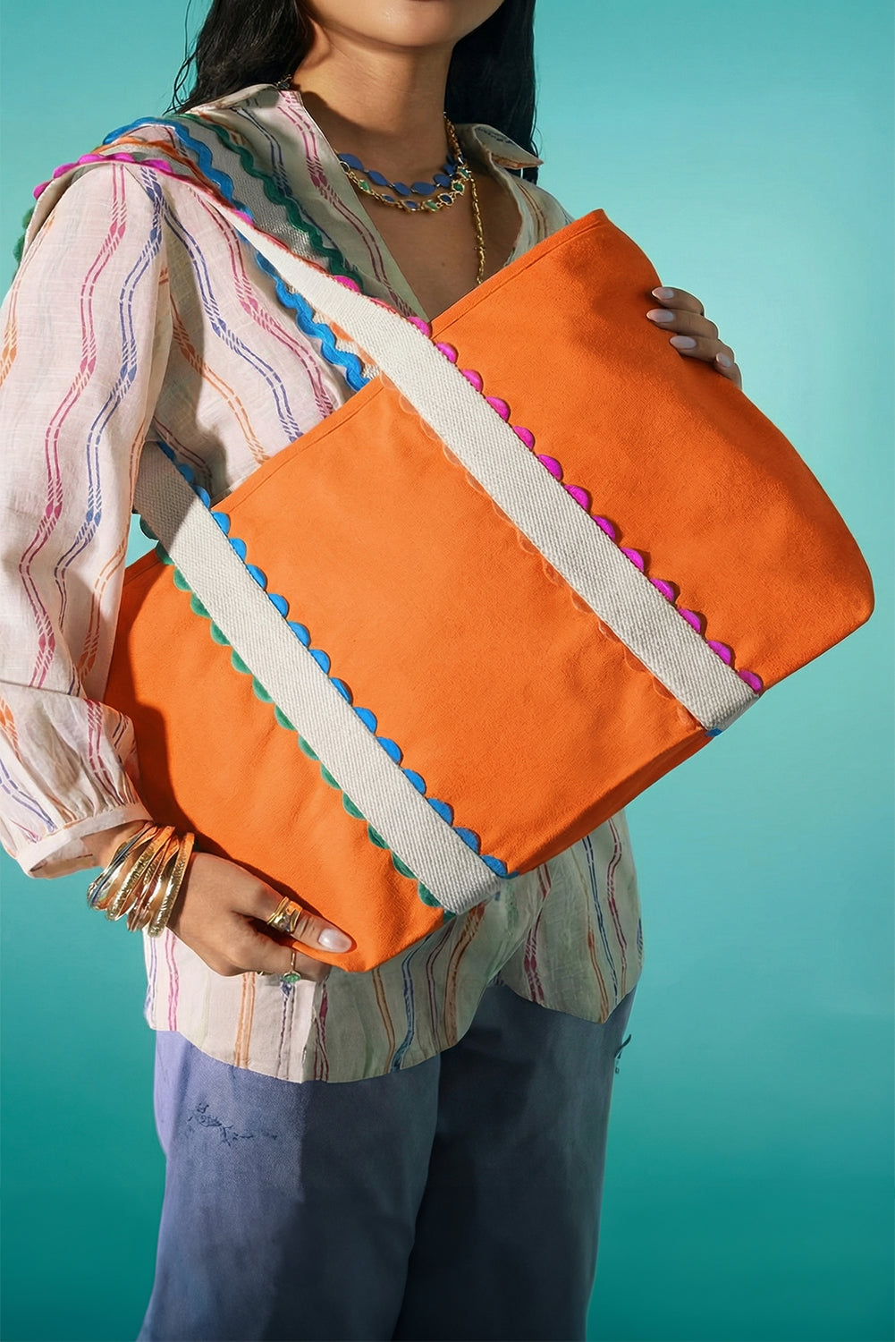 White Colorful Ricrac Canvas Tote Bag