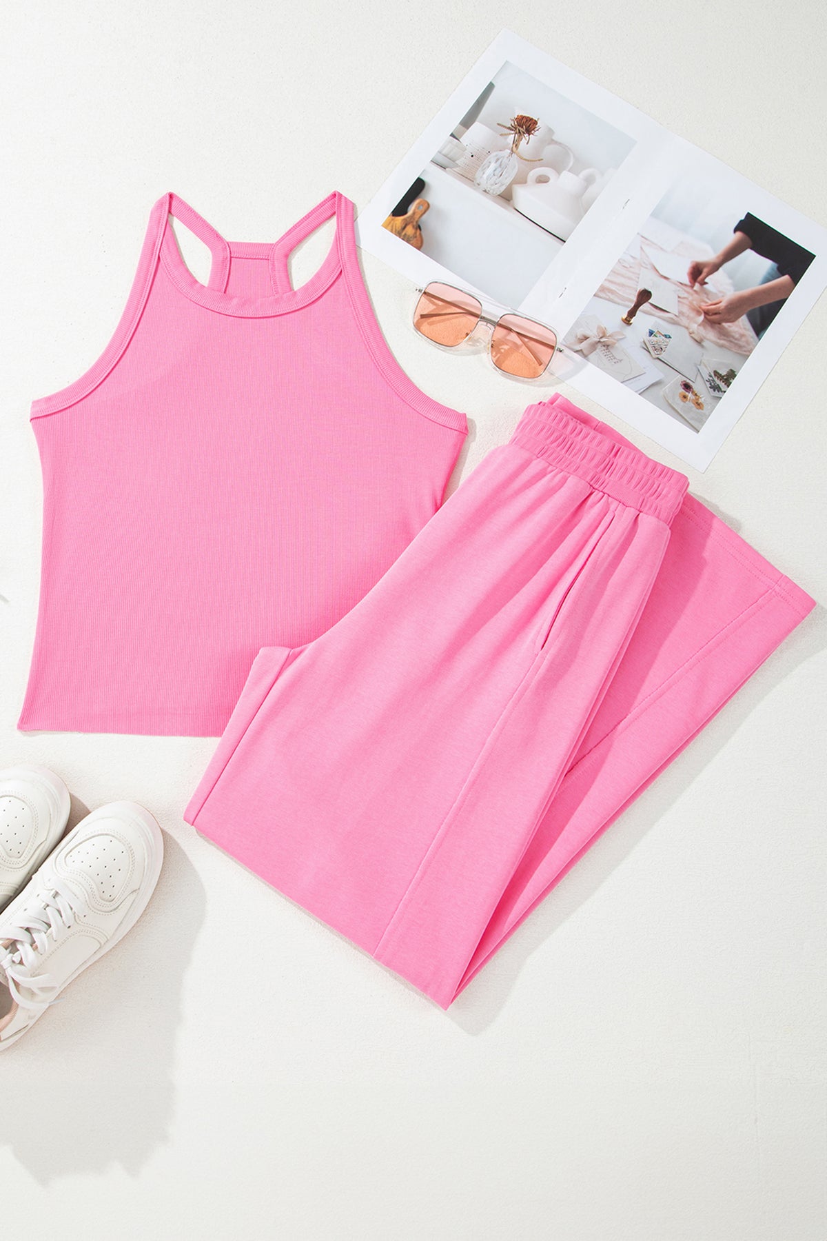 Sachet Pink Ribbed Tank Top and Sweatpants Set