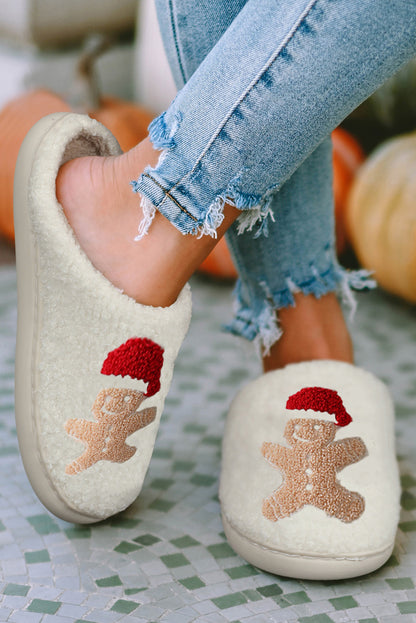 Gingerbread Christmas Slippers | White Plush House Shoes