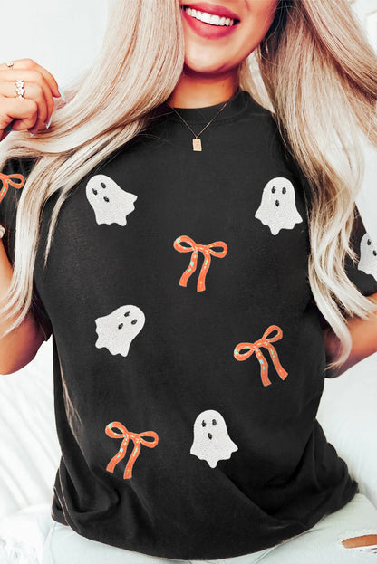 Bow Ghost Halloween Tee | Black Sequin Graphic Shirt