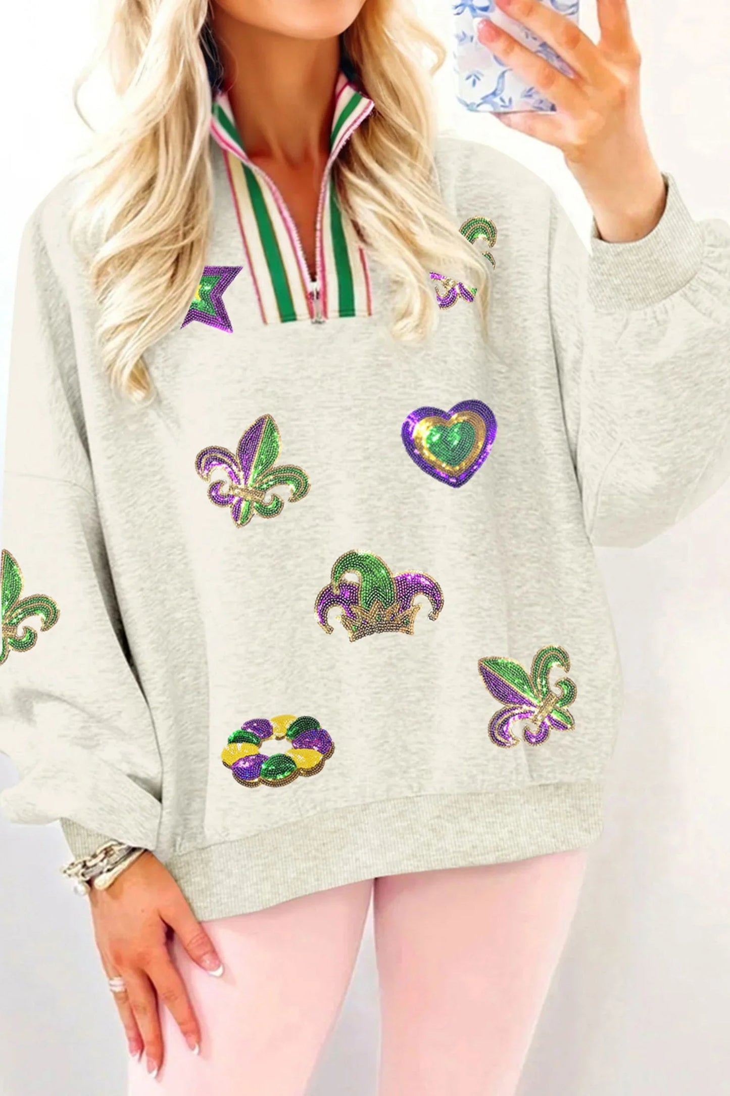 Sequin Mardi Gras Sweatshirt | Zip Pullover