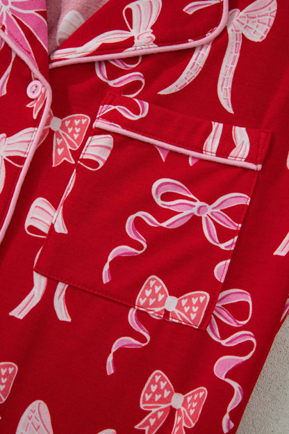 Red Sweet Bow Pajamas Ruffled Shirt Shorts Set