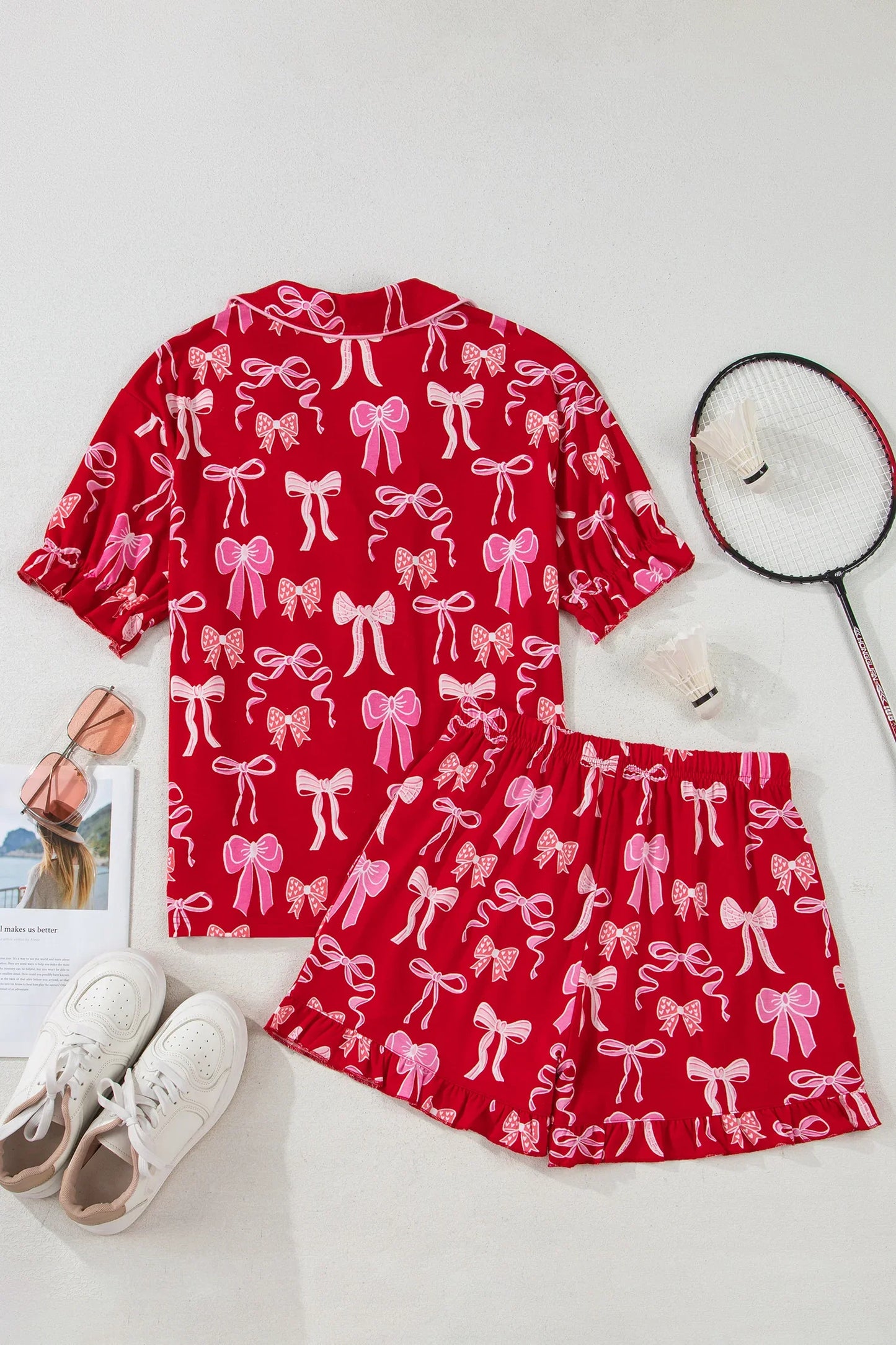 Red Sweet Bow Pajamas Ruffled Shirt Shorts Set