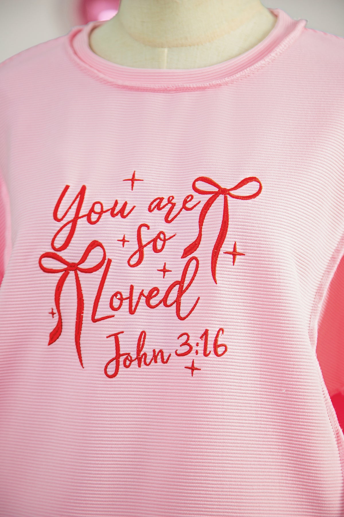 Pink You Are So Loved Valentine's Day Bow Embroidered Pullover Top