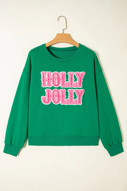 Sea Green HOLLY JOLLY Towel Embroidered Christmas Holiday Sweatshirt