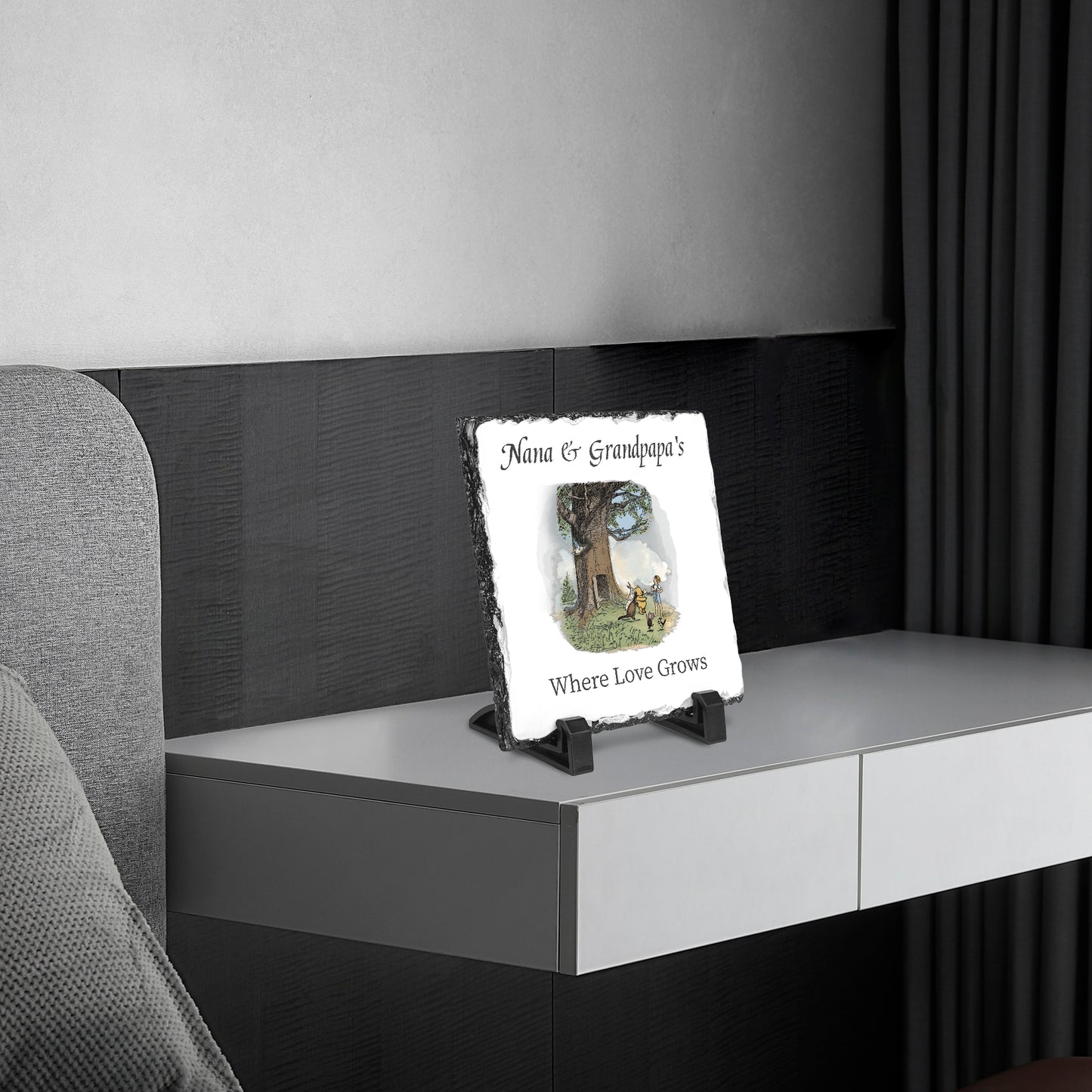 Nana & Granpapa' s Where Love Grows Classic Pooh Slate Sign  on a nightstand