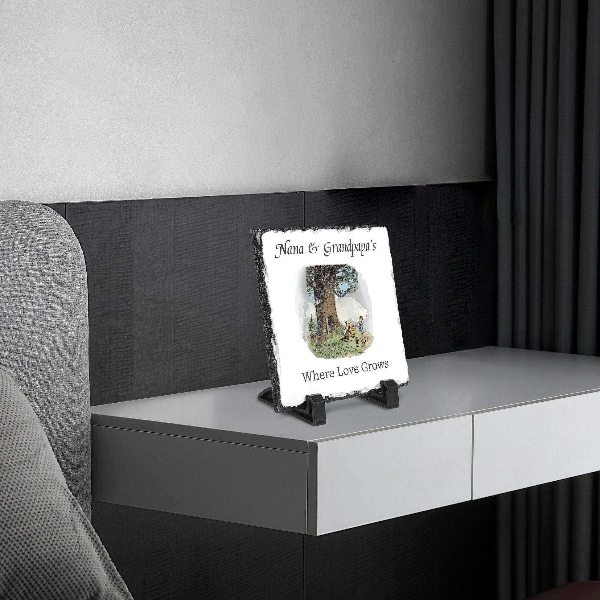 Nana & Granpapa' s Where Love Grows Classic Pooh Slate Sign  on a nightstand