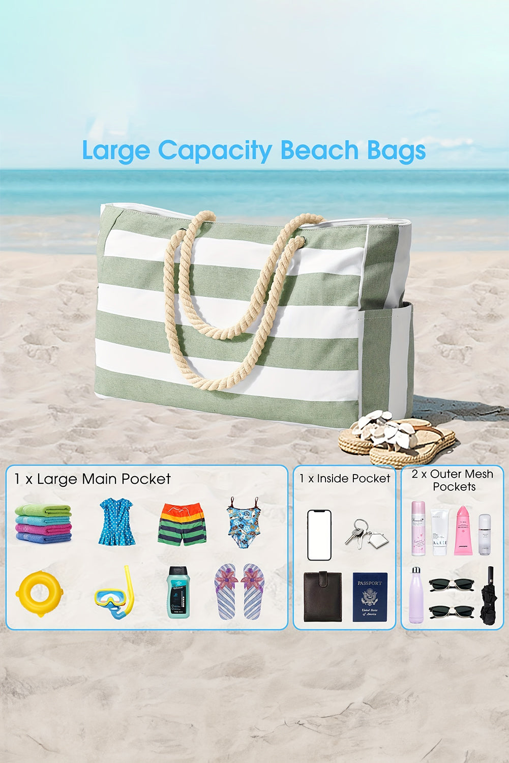 Light Blue Striped Waterproof Canvas Tote Bag
