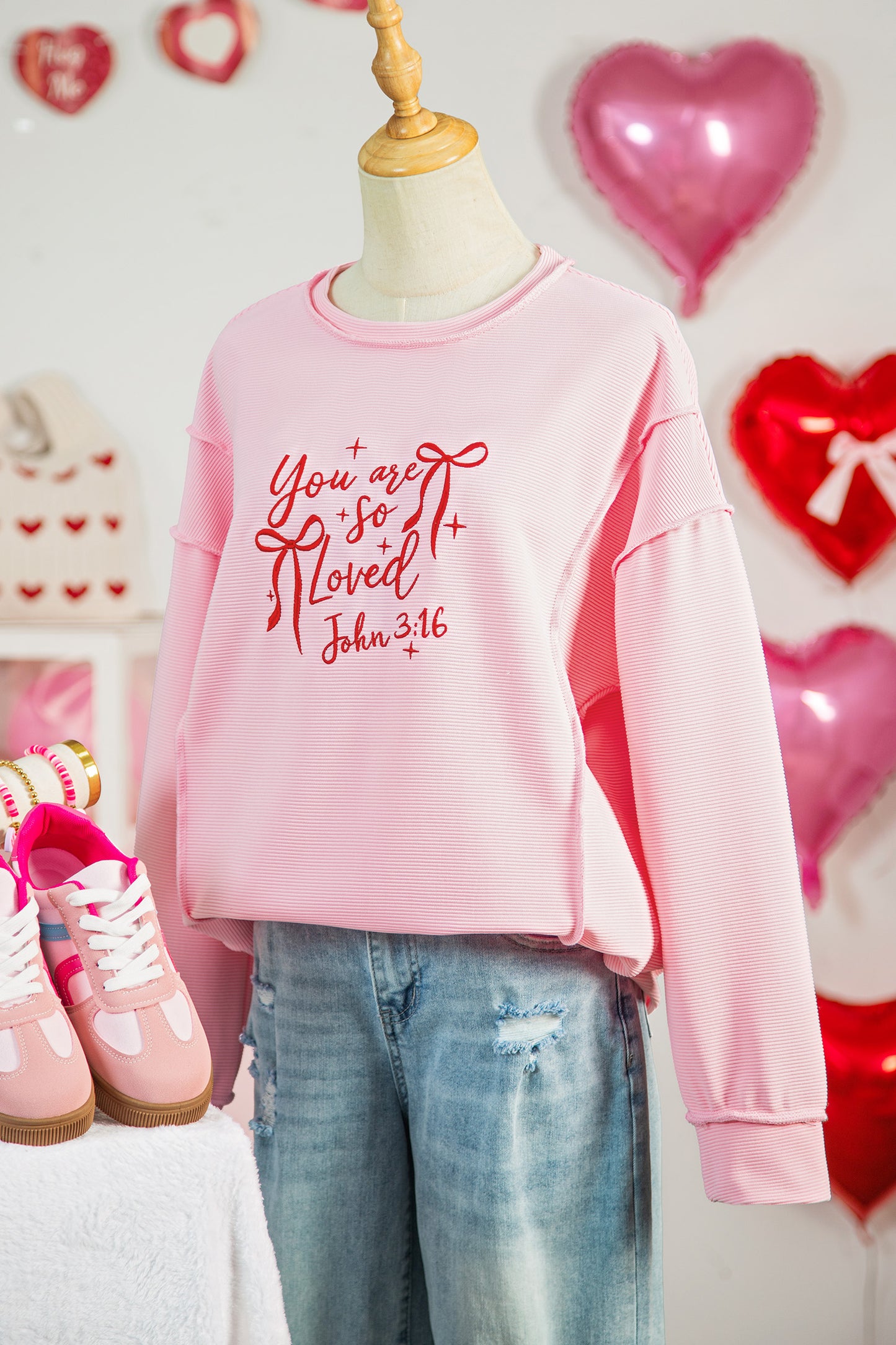 Pink You Are So Loved Valentine's Day Bow Embroidered Pullover Top