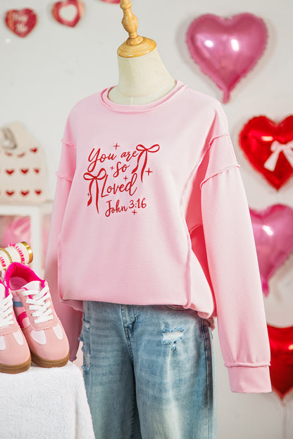 Pink You Are So Loved Valentine's Day Bow Embroidered Pullover Top