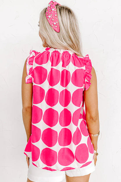 Blue Polka Dot Frilled Round Neck Tank Top