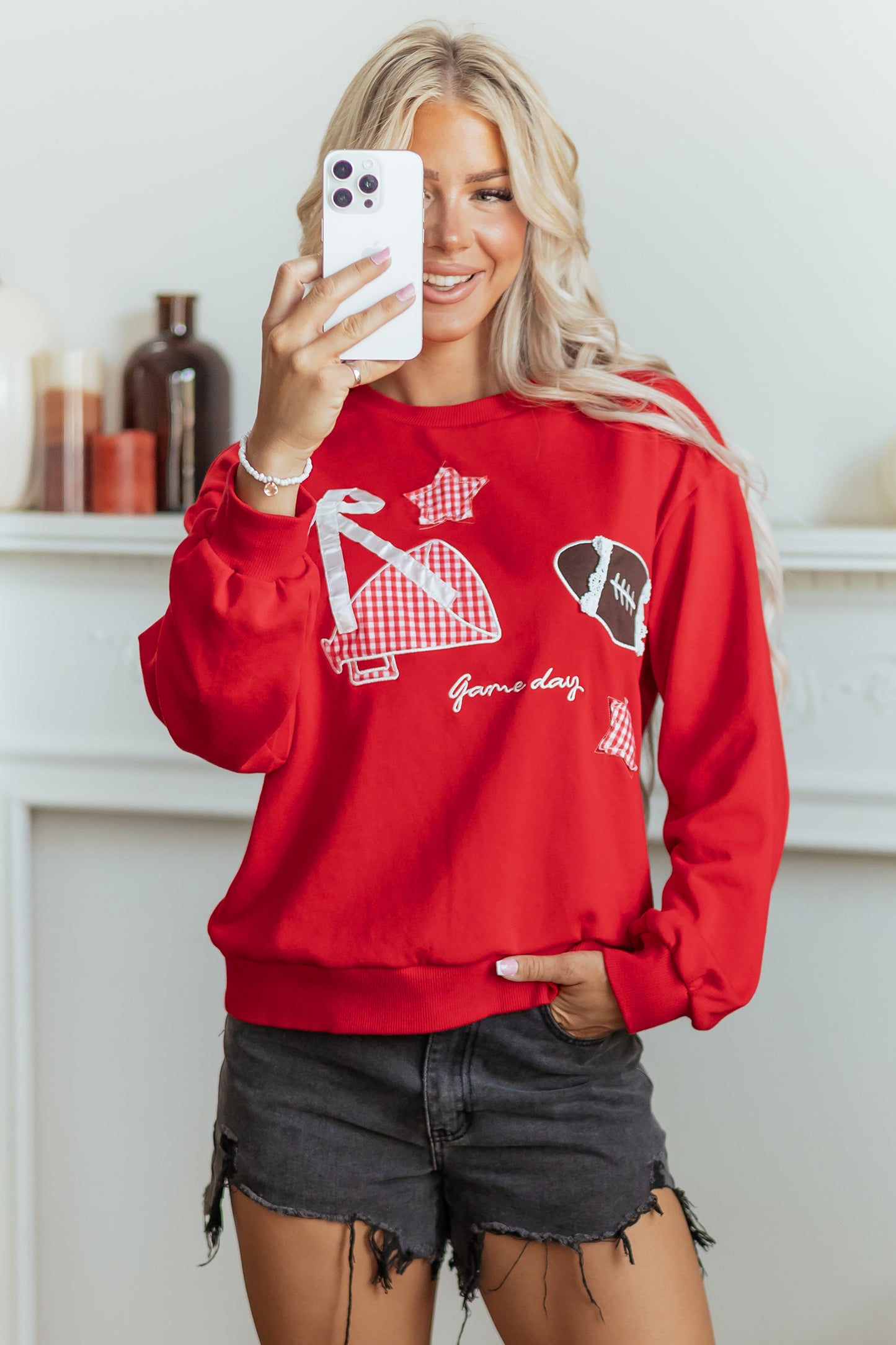 Racing Red Gingham Patch Rugby Game Day Sweatshirt