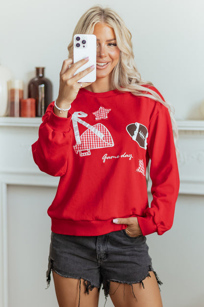 Racing Red Gingham Patch Rugby Game Day Sweatshirt