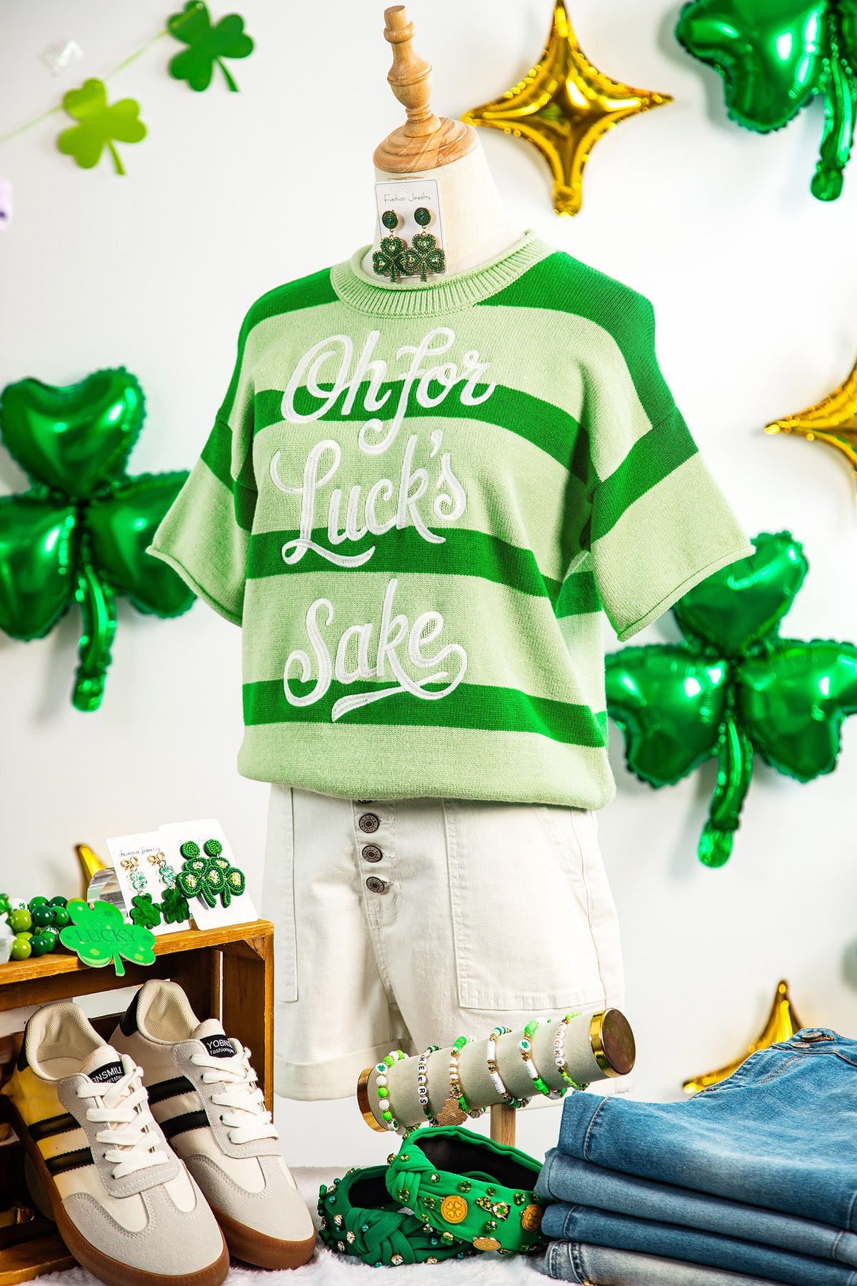 Green Stripe Oh For Luck's Sake St. Patrick's Day Short Sleeve Sweater