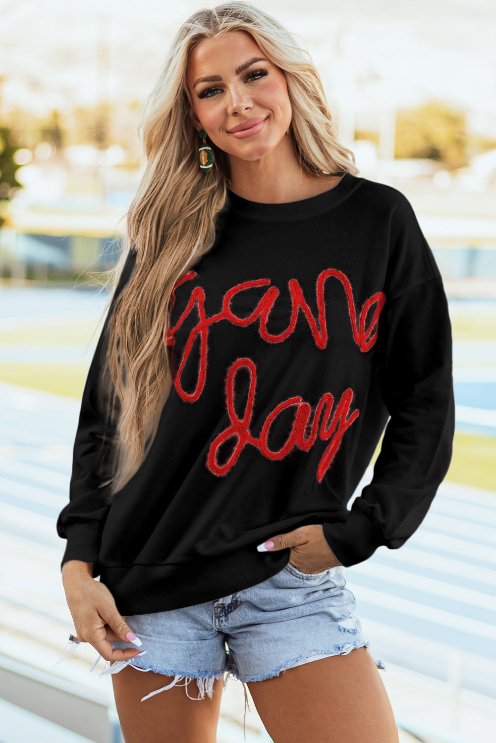 White Tinsel Game Day Drop Shoulder Sweatshirt