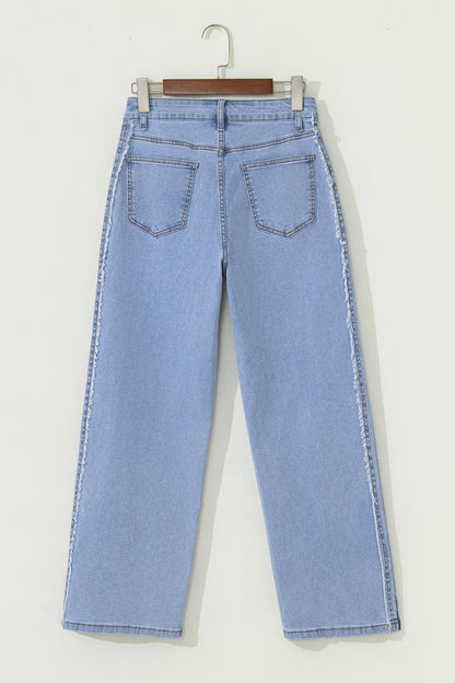 Beau Blue Contrast Stripe Frayed Side Panel Patchwork Jeans