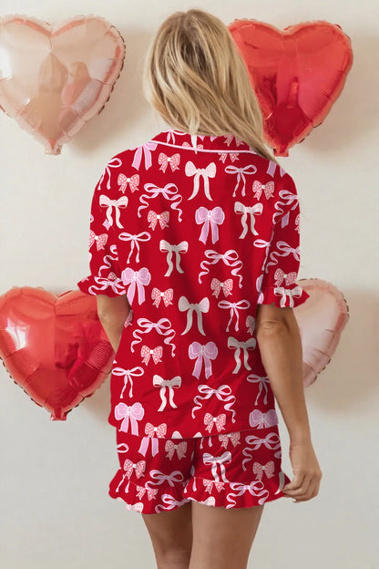 Red Sweet Bow Pajamas Ruffled Shirt Shorts Set