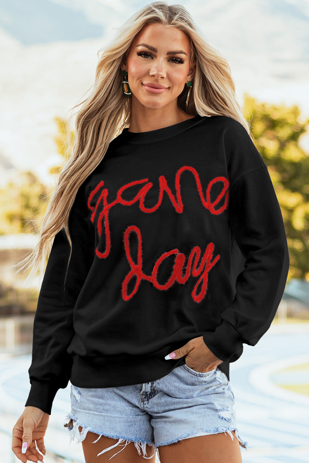 White Tinsel Game Day Drop Shoulder Sweatshirt