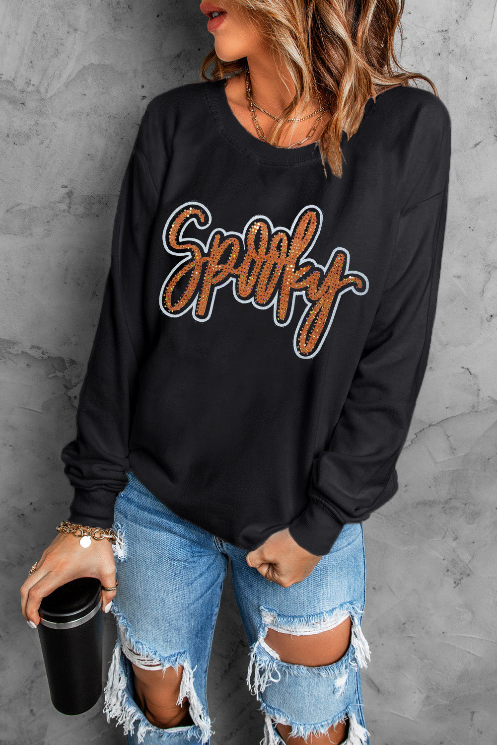 Spooky Rhinestone Halloween Sweatshirt | Black Pullover