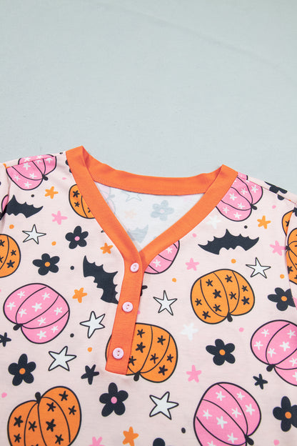 Pink Halloween Pumpkin Print Long Sleeve Lounge Set