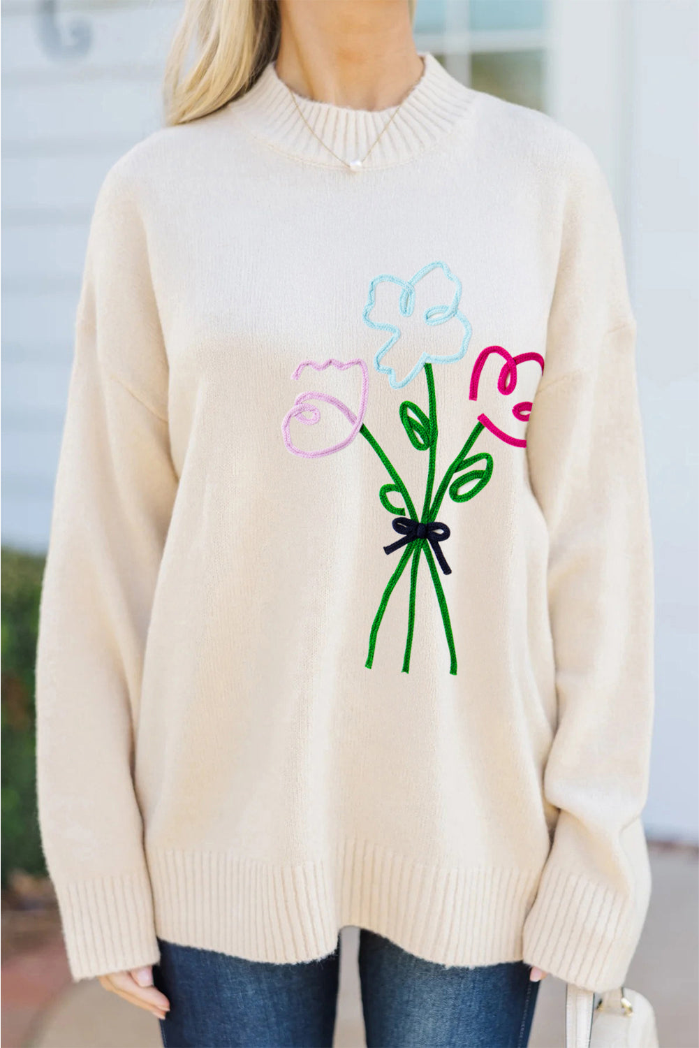 White Embroidered Flower Bouquet Loose Sweater