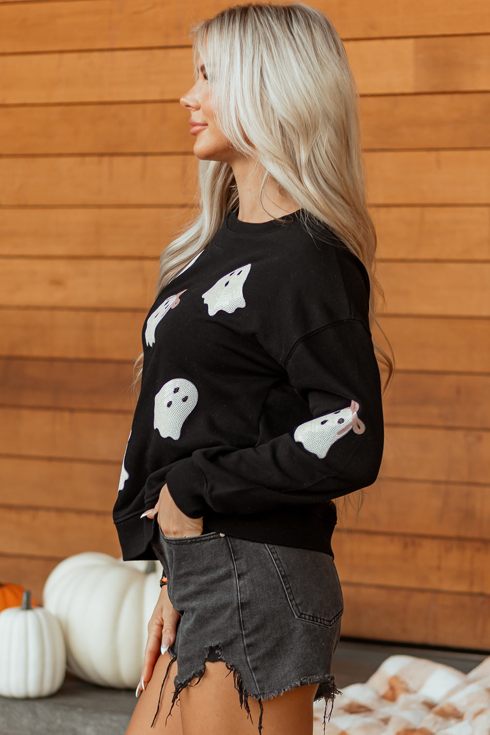 Bow Ghost Halloween Sweatshirt | Black Sequin Pullover