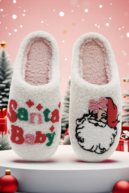 White Plush Santa Baby Christmas House Slippers