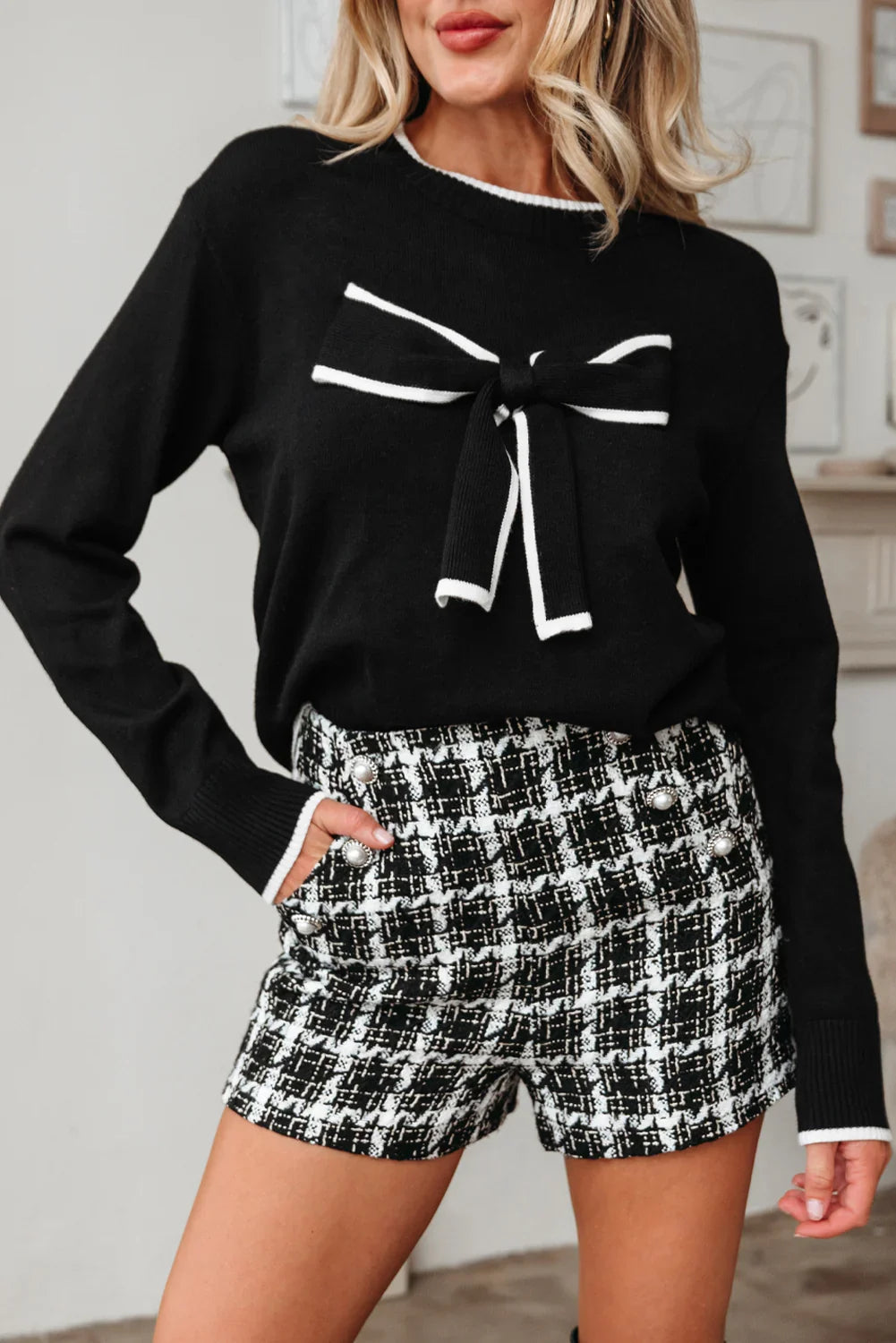 Black Contrast Bow Cropped Sweater