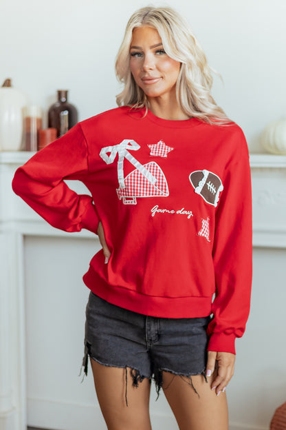 Racing Red Gingham Patch Rugby Game Day Sweatshirt