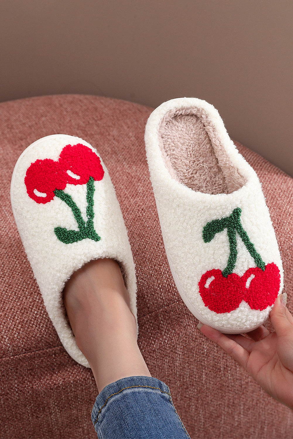 White Cherry Pattern Winter Plush Slippers