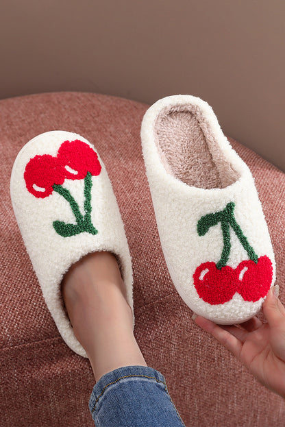 White Cherry Pattern Winter Plush Slippers