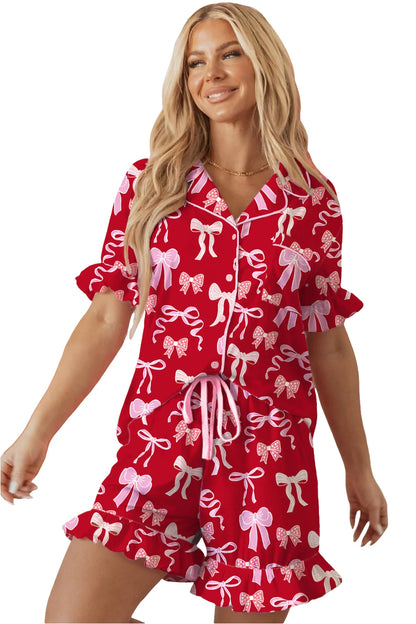 Red Sweet Bow Pajamas Ruffled Shirt Shorts Set