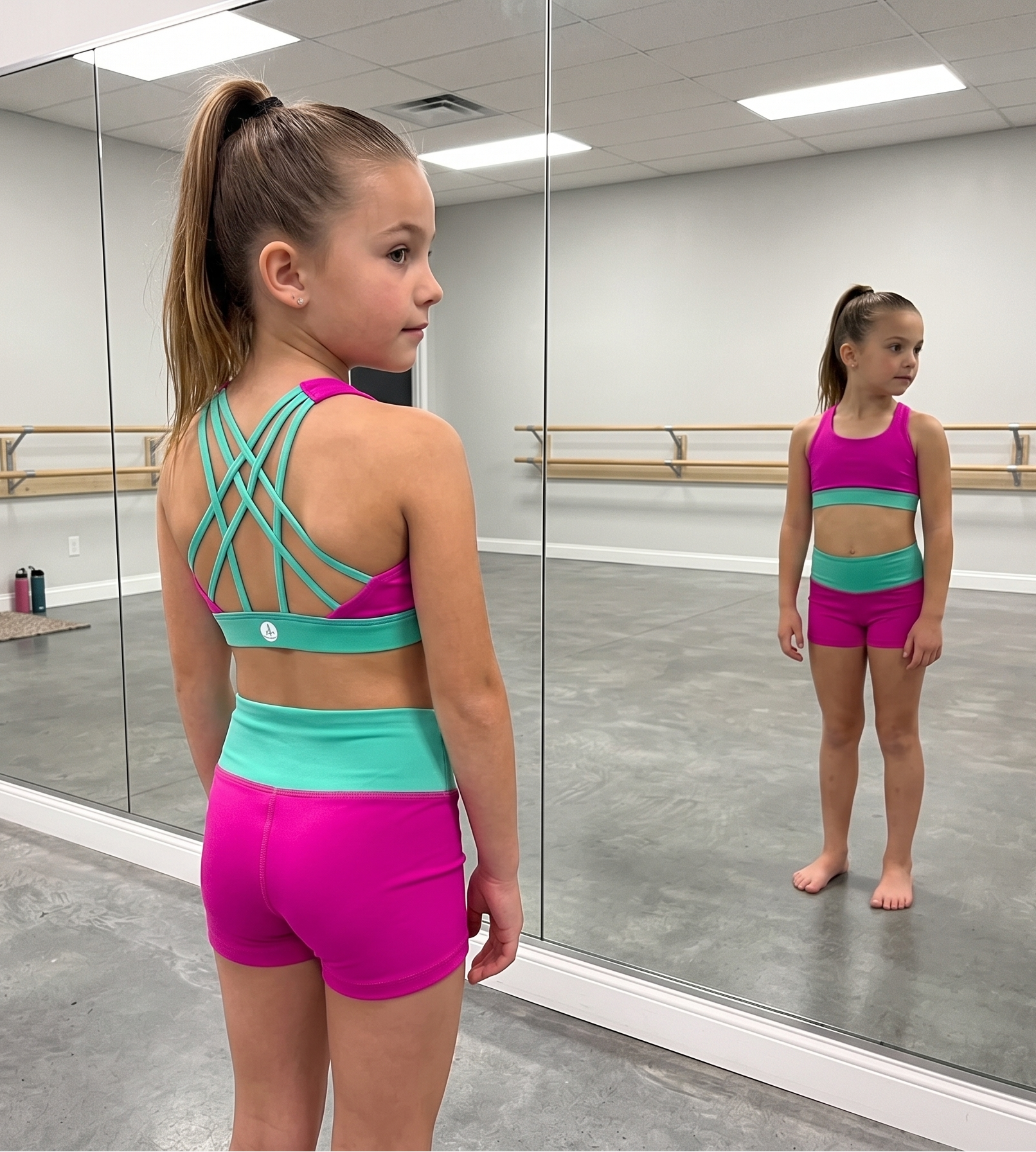 a girl wearing horizon girls dancewear hot pink top with teal cross straps and bottoms in hot pink and teal accents.