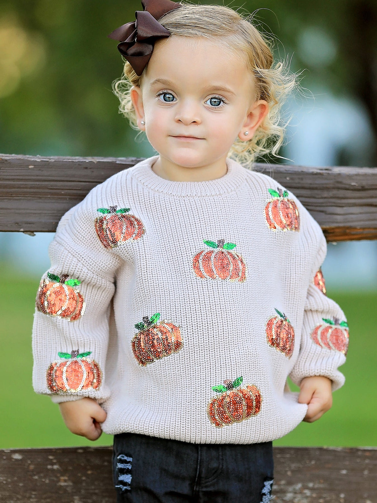Girls Fall Sweater | Beige Sequin Pumpkins: Model wearing beige sequin pumpkin sweater