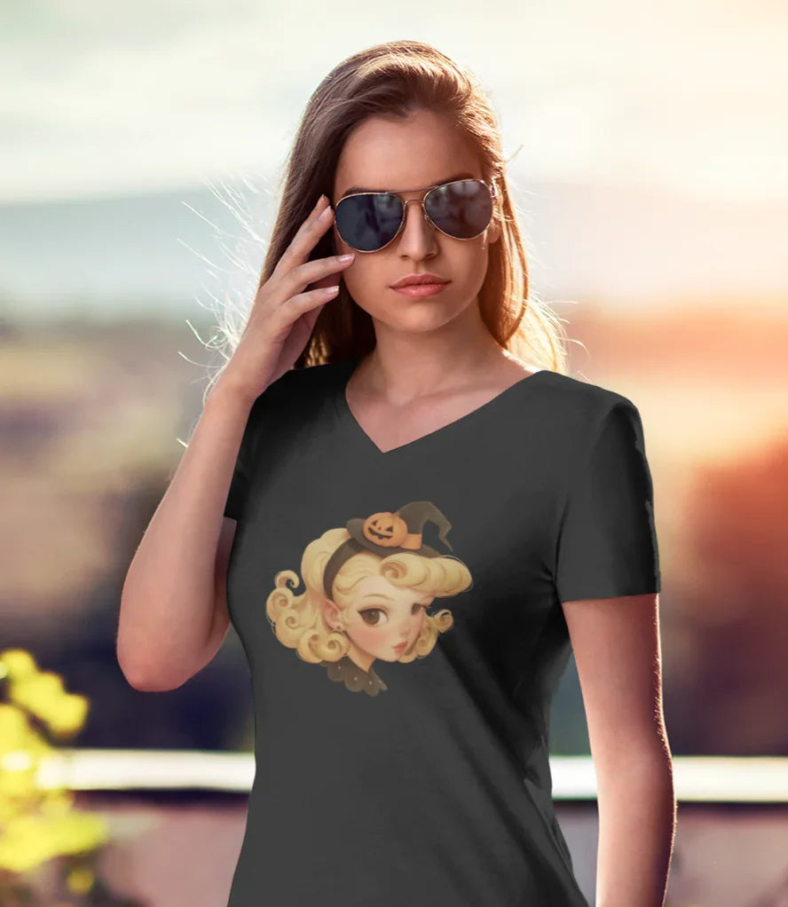 Pumpkin Pinup: Vintage Halloween Witch V-neck Tee