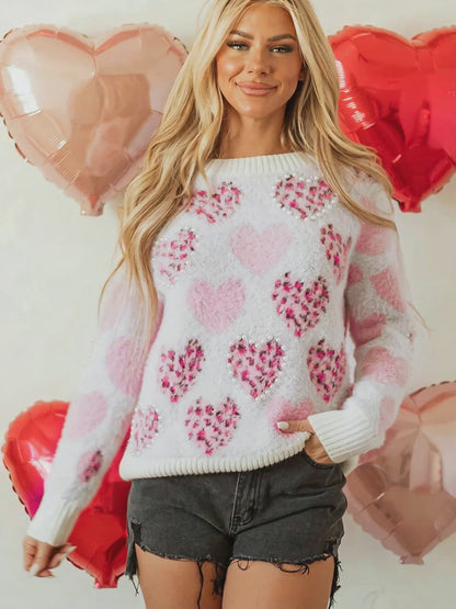 Heart Sweater – Pink Leopard Heart Fuzzy Pearled Knit