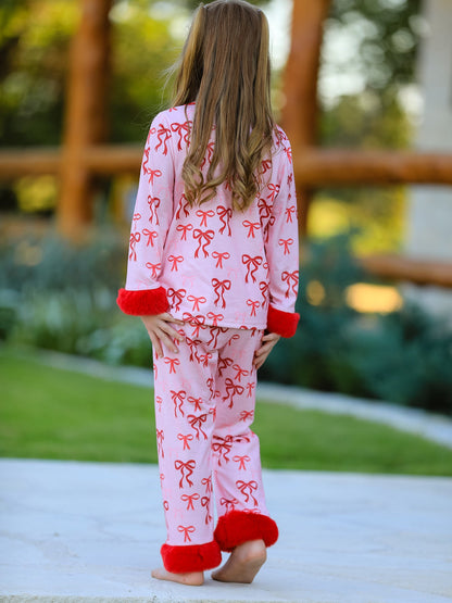 Girls Christmas Pajamas | Pink Bow Furry Trim: Back modeled view