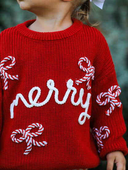 Mommy and Me Sweaters | Red Merry & Bows: Toddler neckline and lettering close-up