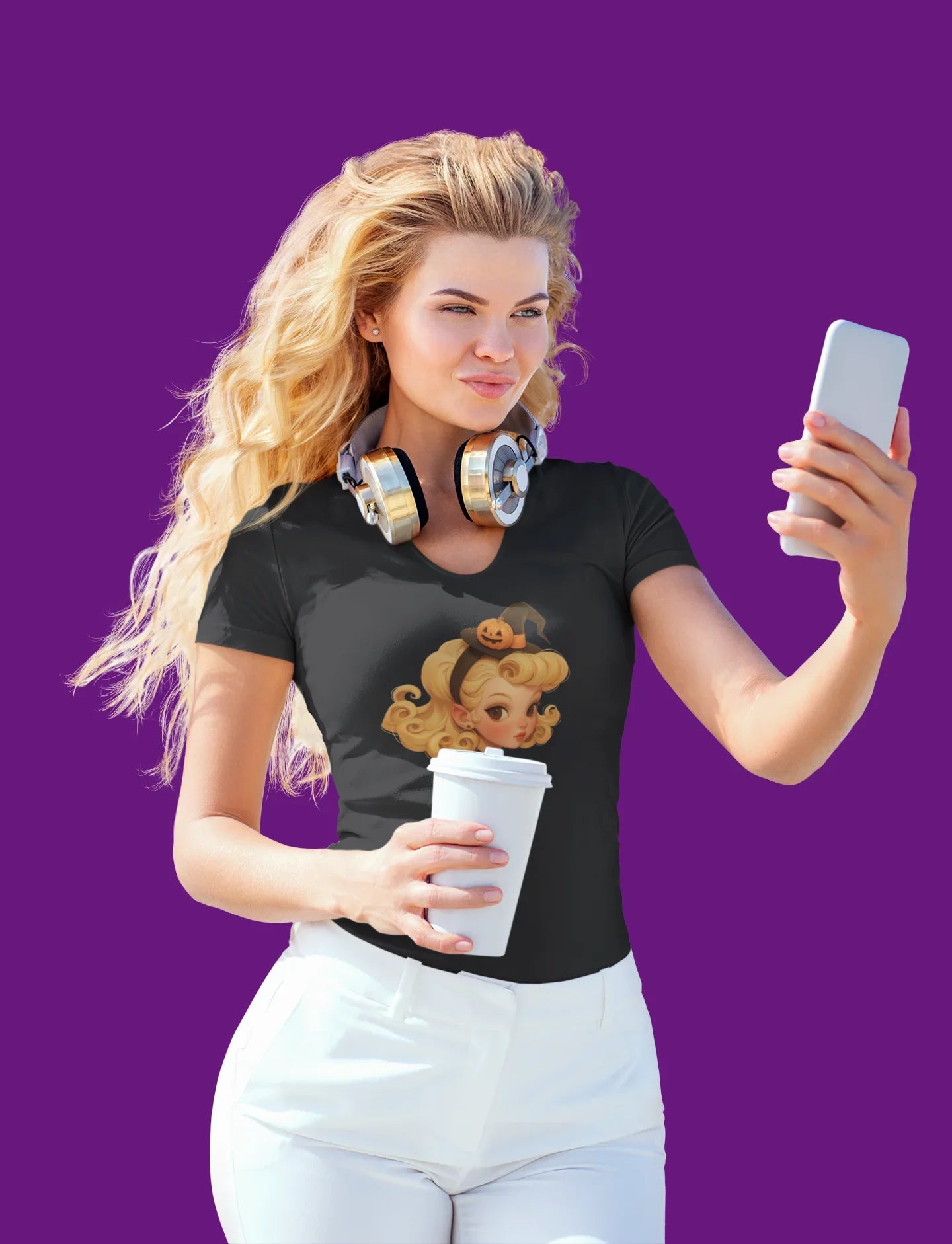 Pumpkin Pinup: Vintage Halloween Witch V-neck Tee