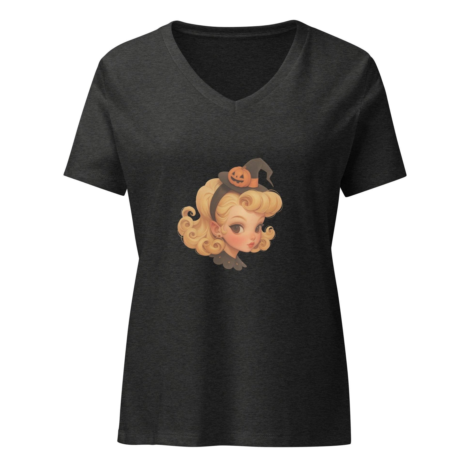 Blonde Witch with Pumpkin Headband V-neck T-shirt - Whippie's