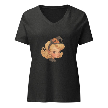 Blonde Witch with Pumpkin Headband V-neck T-shirt - Whippie's