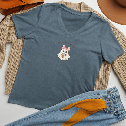 Too Cute to Spook Women's Relaxed V-Neck Tee - 👻💖 Embrace Spooky Season in Comfort and Style! 💖👻 - Whippie's