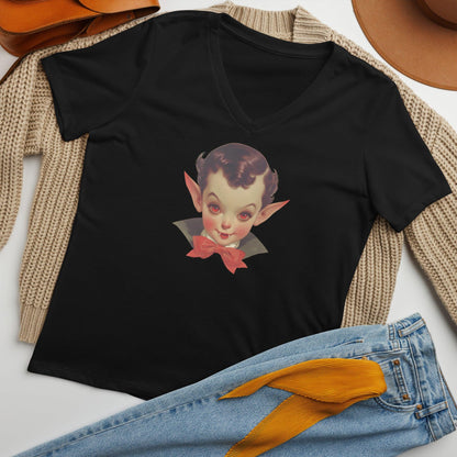 Fangs for the Fashion - Women's Relaxed V-Neck Tee - Embrace Spooky-Cute Style! - Whippie's