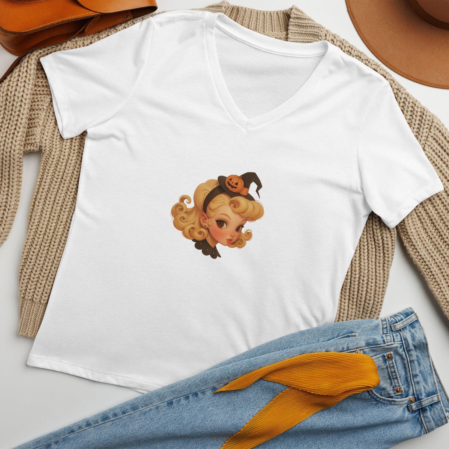 Blonde Witch with Pumpkin Headband V-neck T-shirt - Whippie's