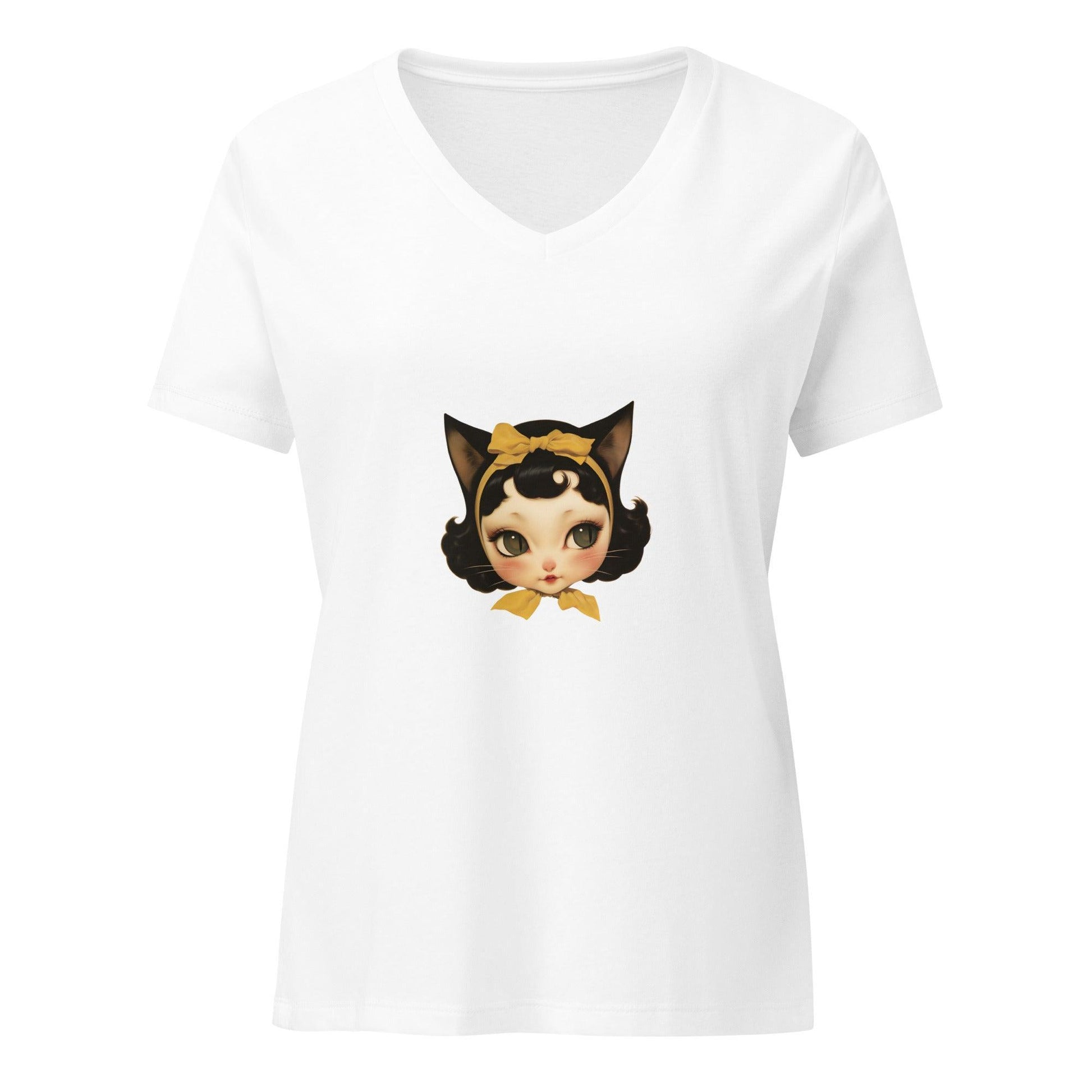 Purr-fectly Spooky - Cute Girl with Cat Ears V-neck Tee - Whippie's