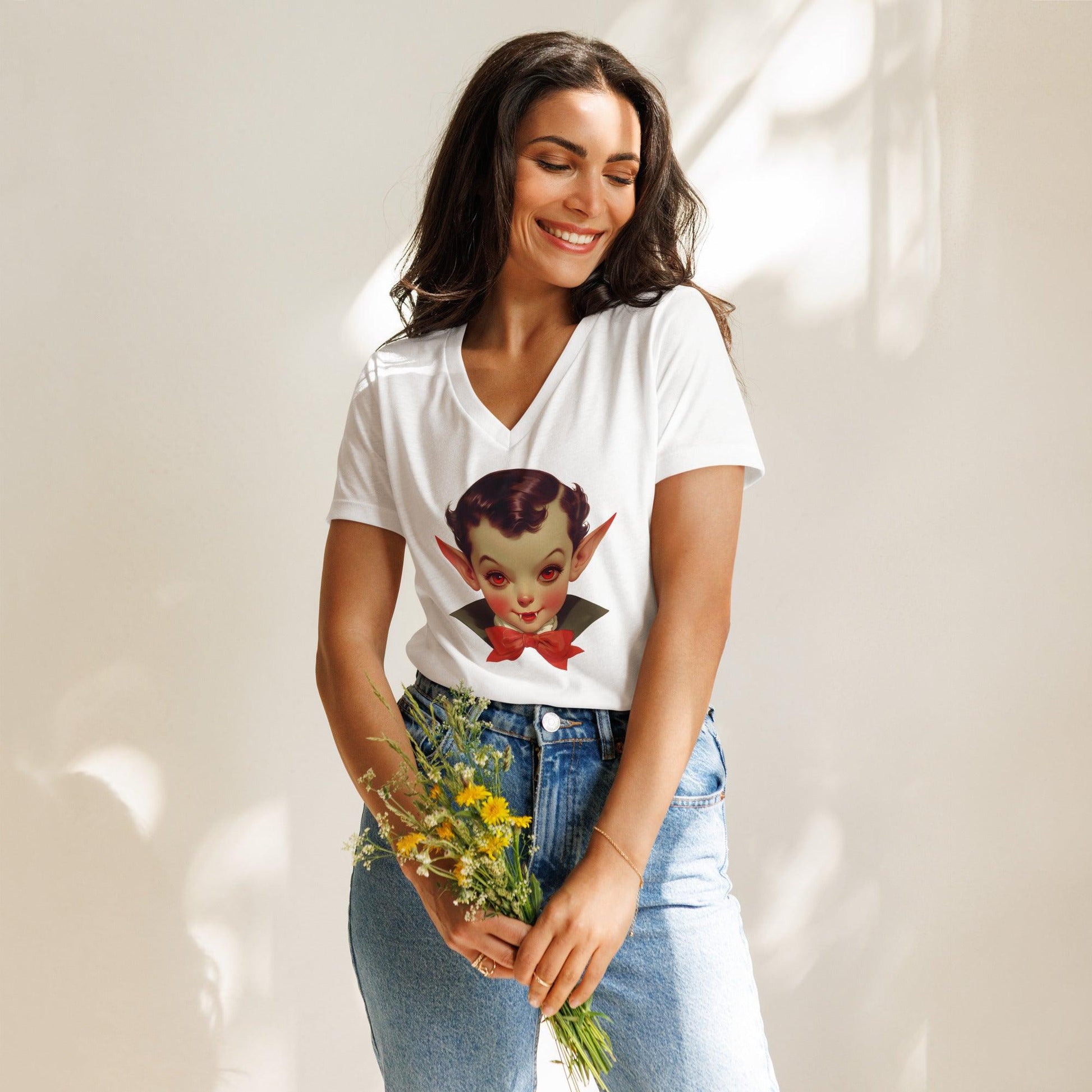 Fangs for the Fashion - Women's Relaxed V-Neck Tee - Embrace Spooky-Cute Style! - Whippie's