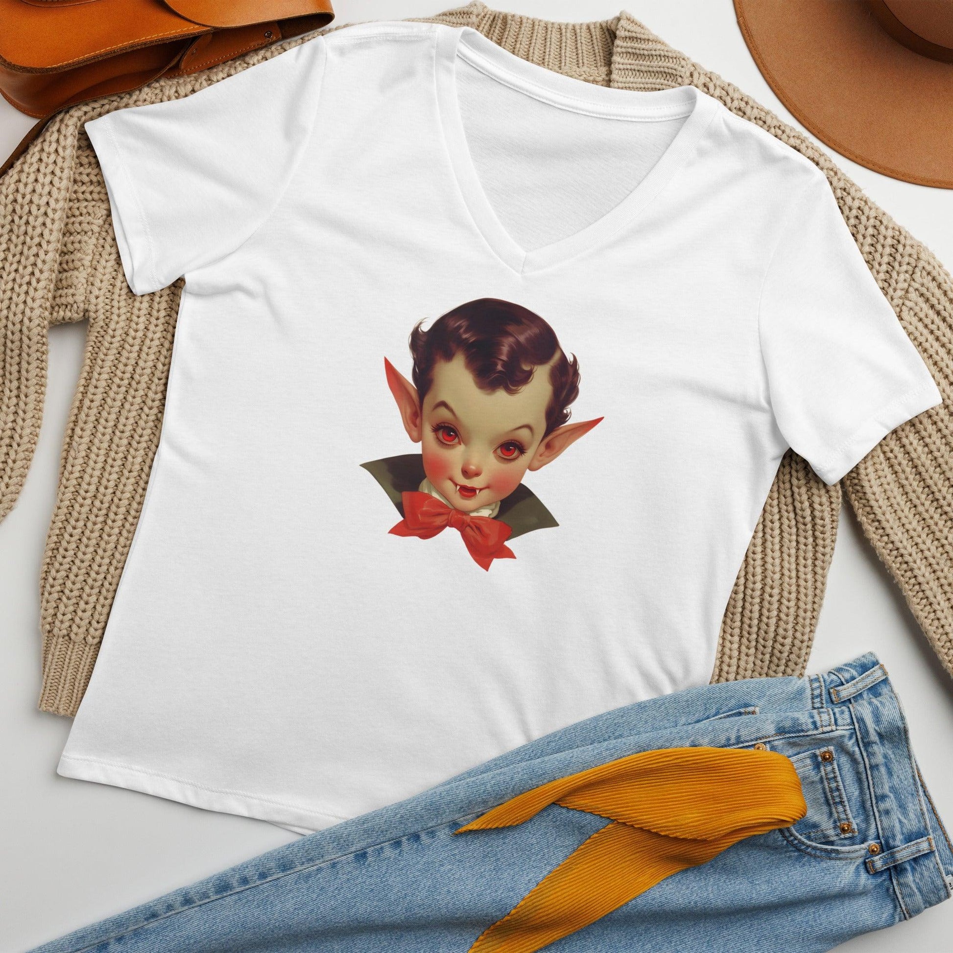 Fangs for the Fashion - Women's Relaxed V-Neck Tee - Embrace Spooky-Cute Style! - Whippie's