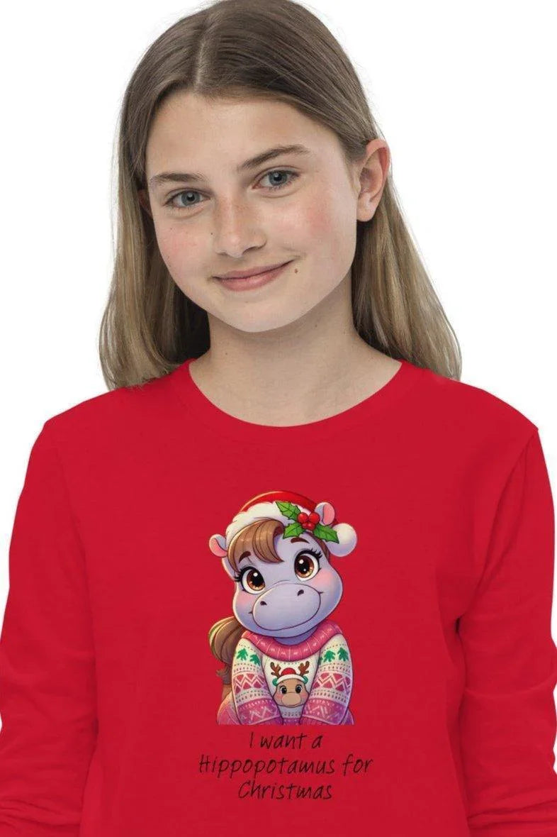 I Want a Hippopotamus for Christmas 🦛🎄 Girl Hippo - Youth Long Sleeve Tee! 🎁✨ - Whippie's